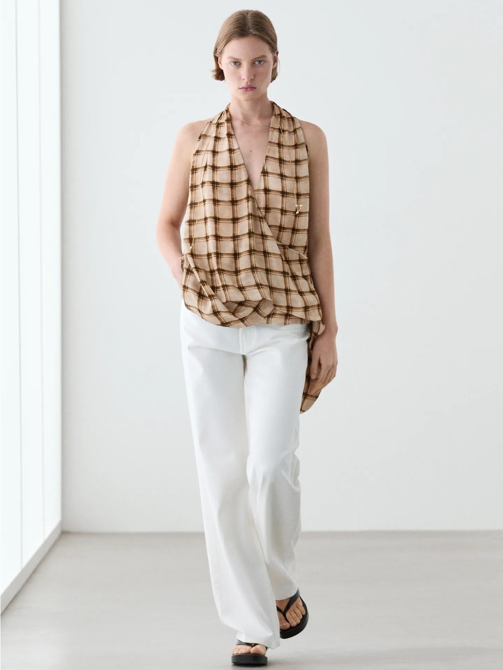Massimo Dutti Beige and Brown Plaid Sleeveless Top Wrap Surplice
